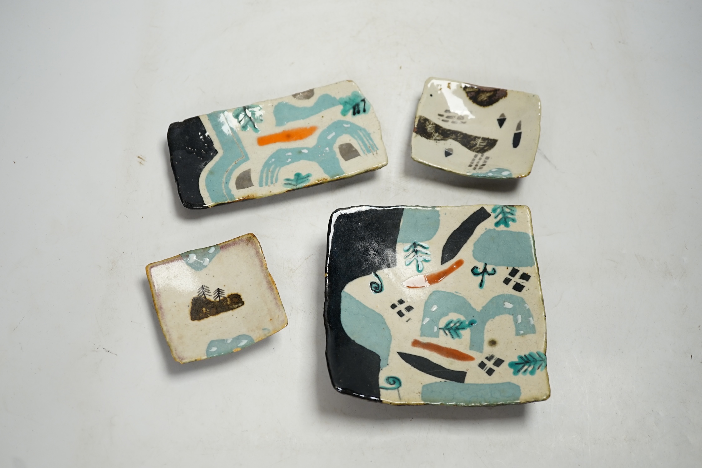 John Maltby (1936-2020), four studio pottery small rectangular dishes, largest 17cm long. Condition - fair